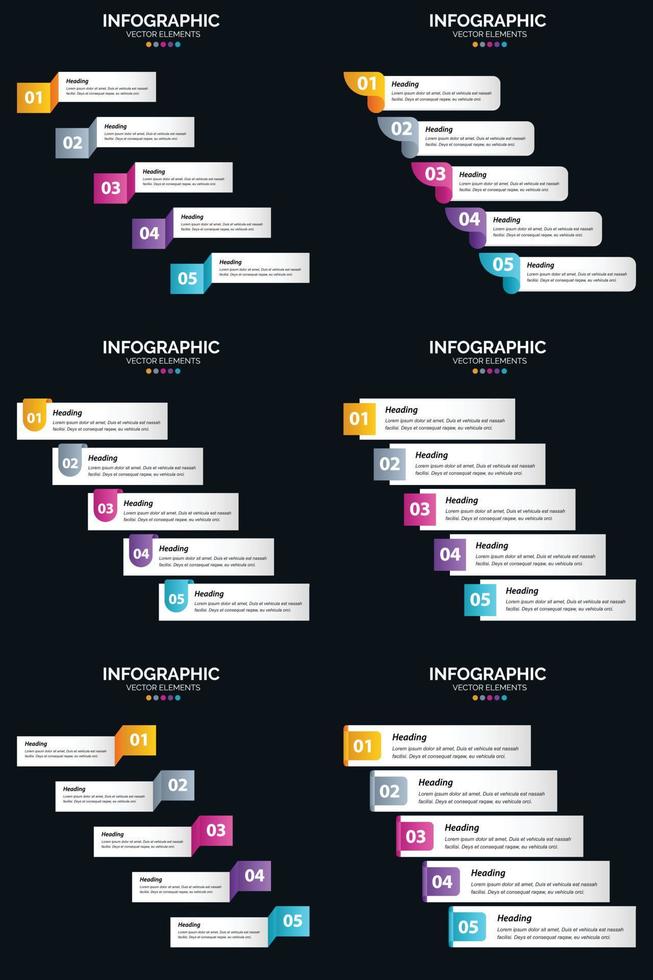 plantilla de diapositiva de presentación del paquete de infografías vectoriales 6 diagramas de ciclo de 5 pasos y líneas de tiempo vector