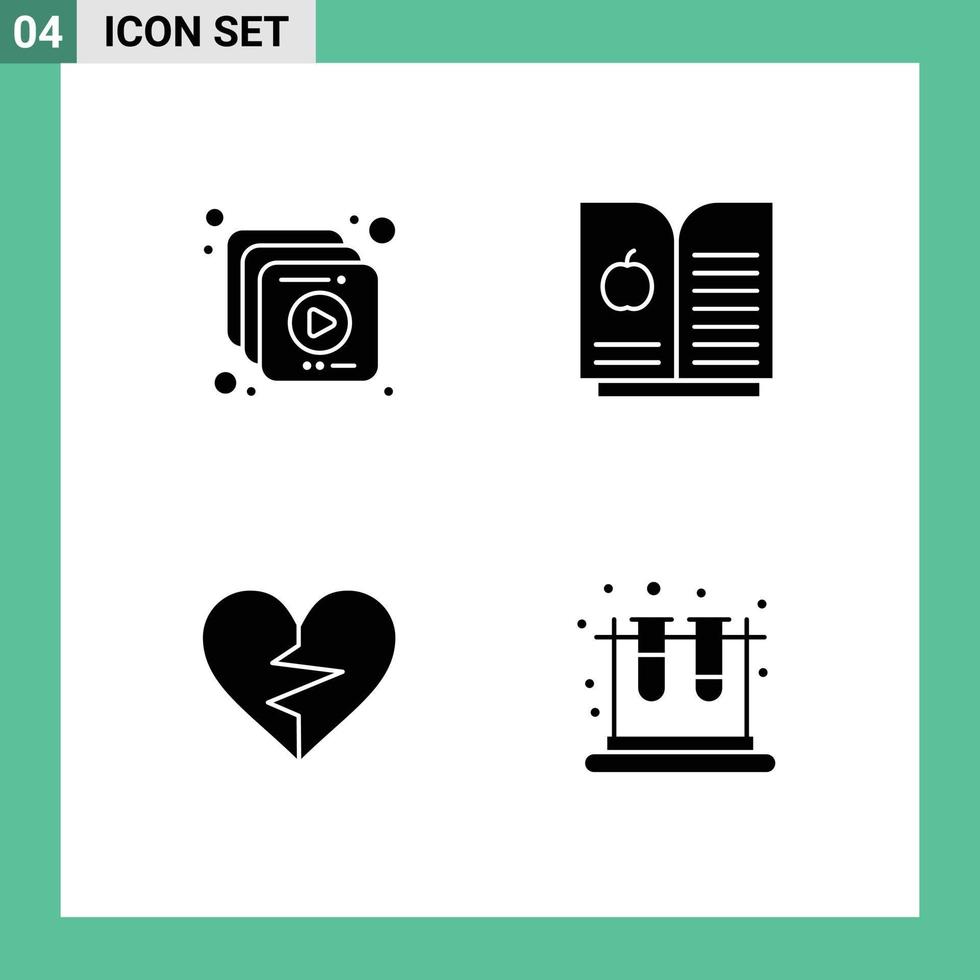 Pack of 4 Modern Solid Glyphs Signs and Symbols for Web Print Media such as collection broken book apple love lab Editable Vector Design Elements