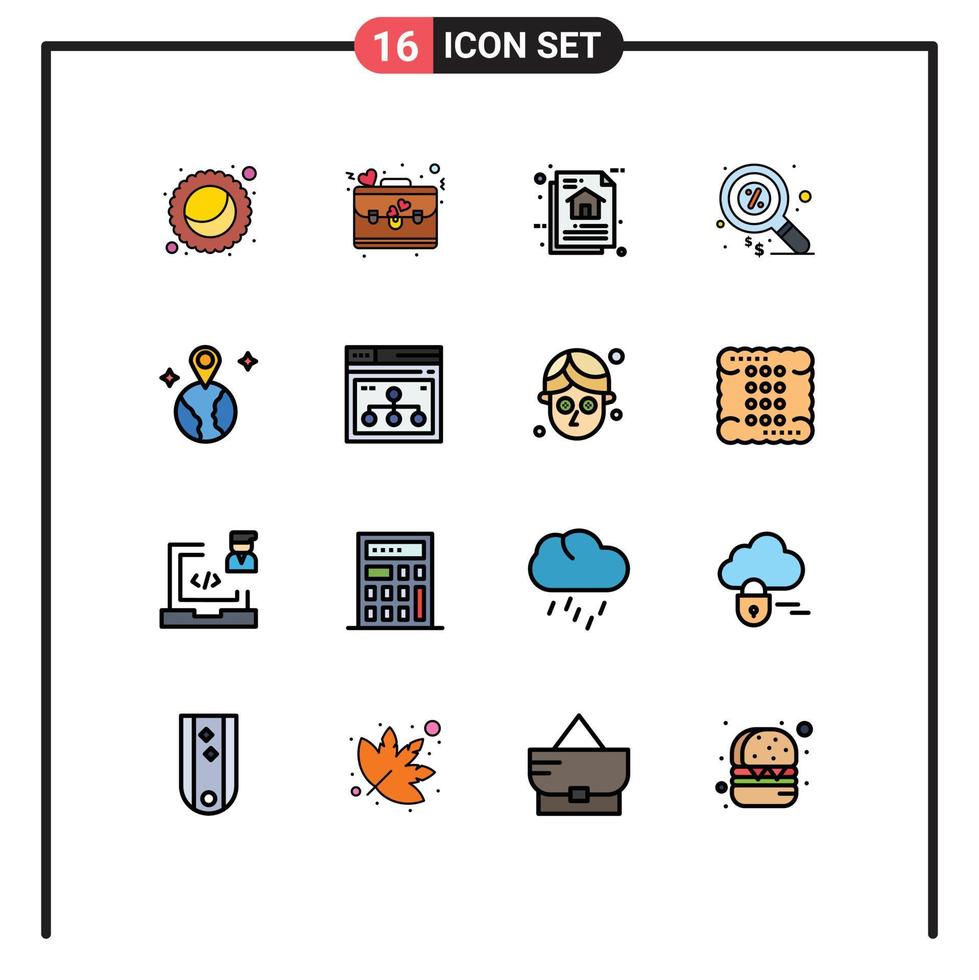 grupo de 16 líneas rellenas de color plano, signos y símbolos para el servicio de marketing de datos de dinero de mapas, elementos de diseño de vectores creativos editables
