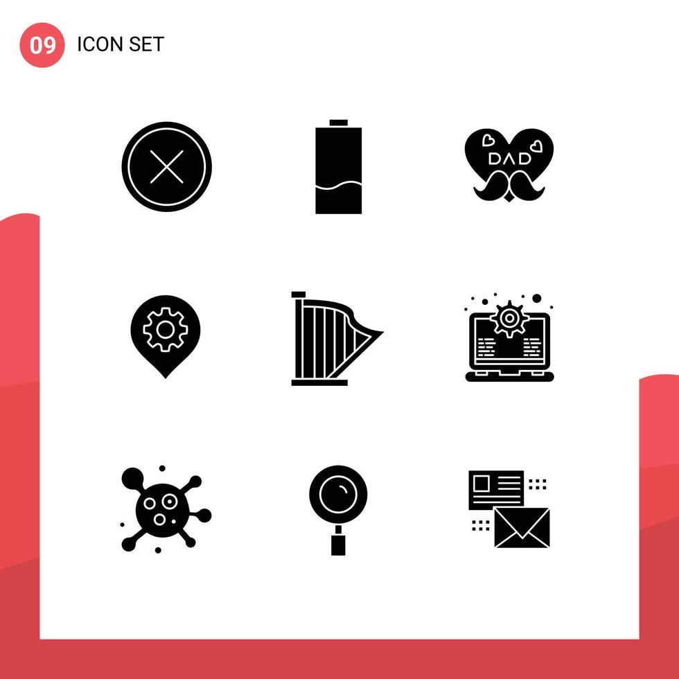 Modern Set of 9 Solid Glyphs and symbols such as map setting energy gear fathers day Editable Vector Design Elements