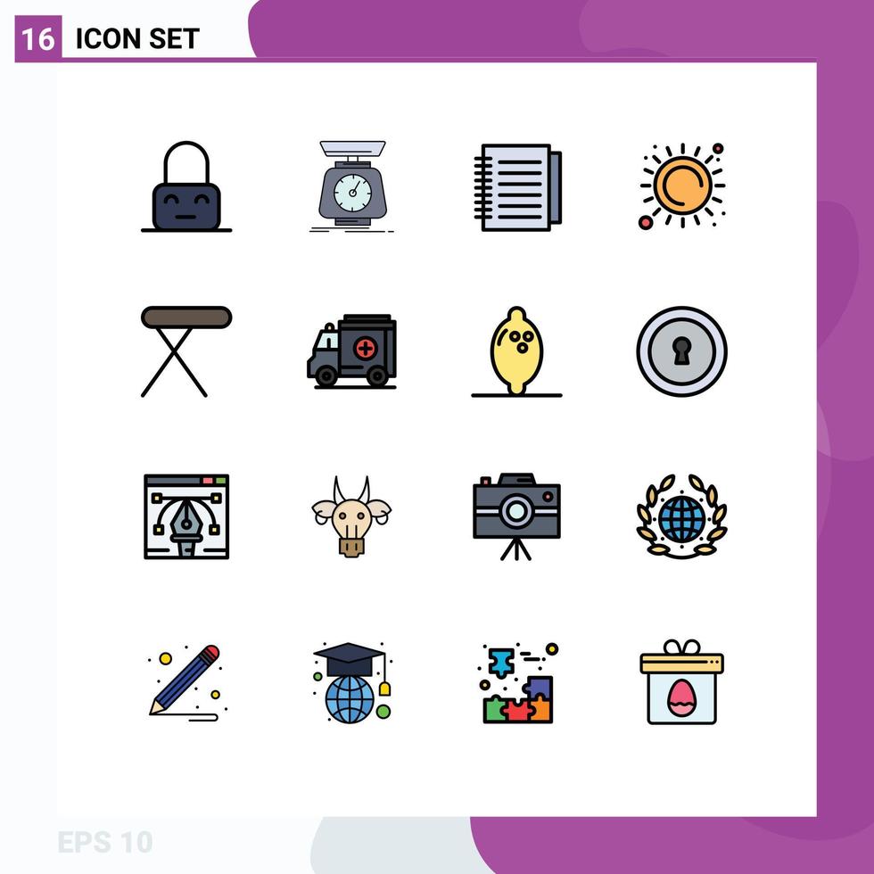 Mobile Interface Flat Color Filled Line Set of 16 Pictograms of appliances sunlight volume sun paper Editable Creative Vector Design Elements