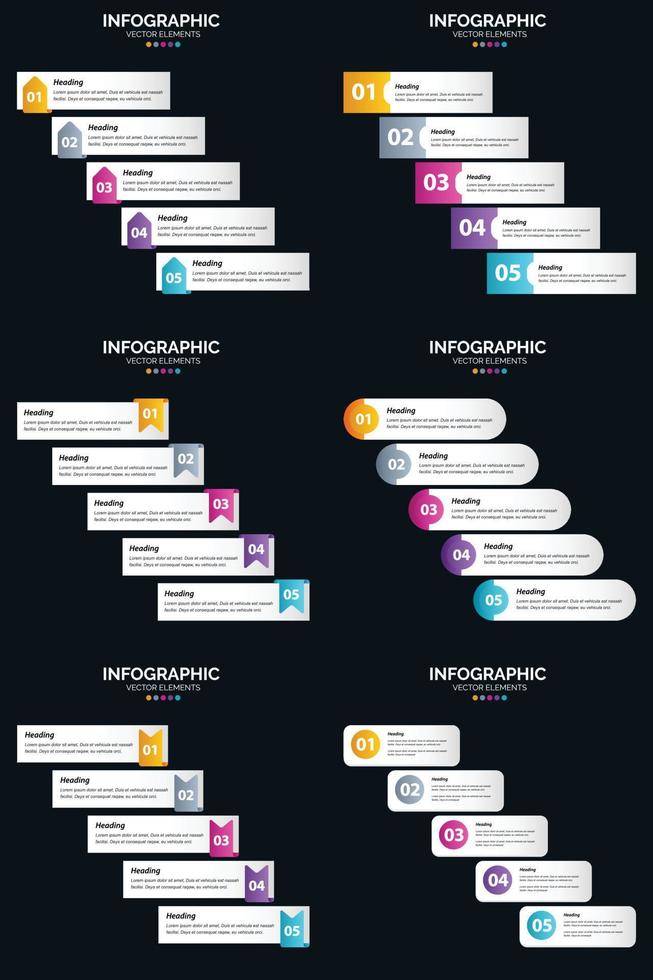 plantilla de diapositiva de presentación del paquete de infografías vectoriales 6 diagramas de ciclo de 5 pasos y líneas de tiempo vector