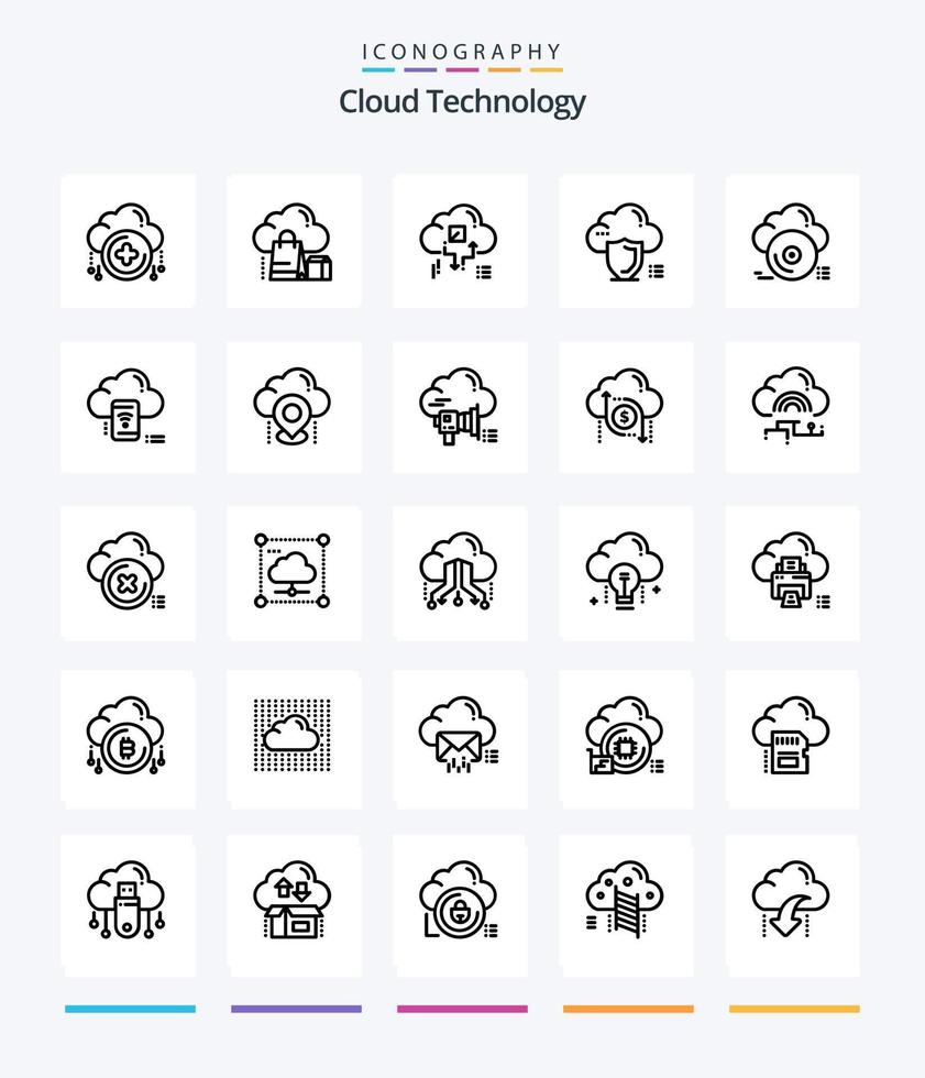 Creative Cloud Technology 25 OutLine icon pack  Such As safety. secure. online. cloud. arrow vector