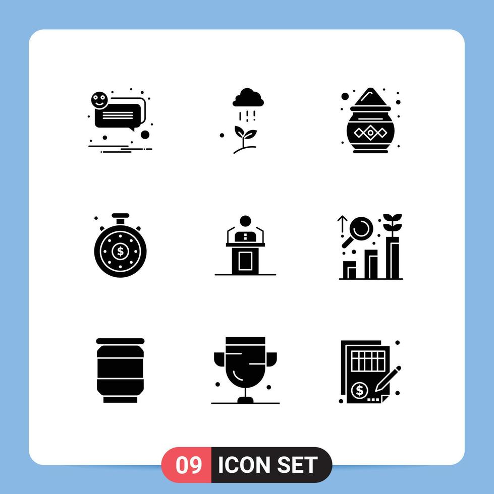 9 Solid Glyph concept for Websites Mobile and Apps person speedometer rain investment time powder Editable Vector Design Elements