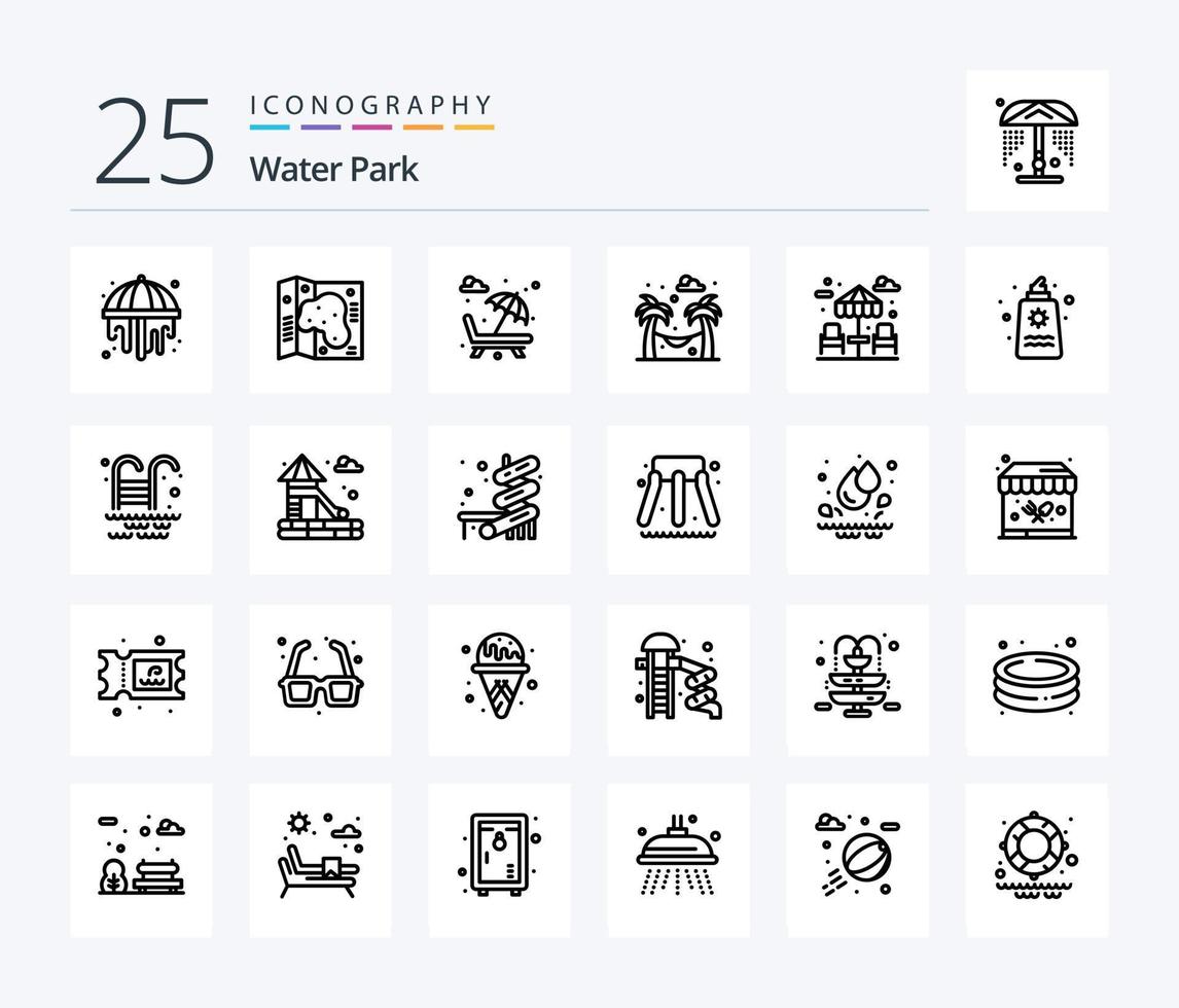 parque acuático paquete de iconos de 25 líneas que incluye parque. cena. fuente. jardín. hamaca vector