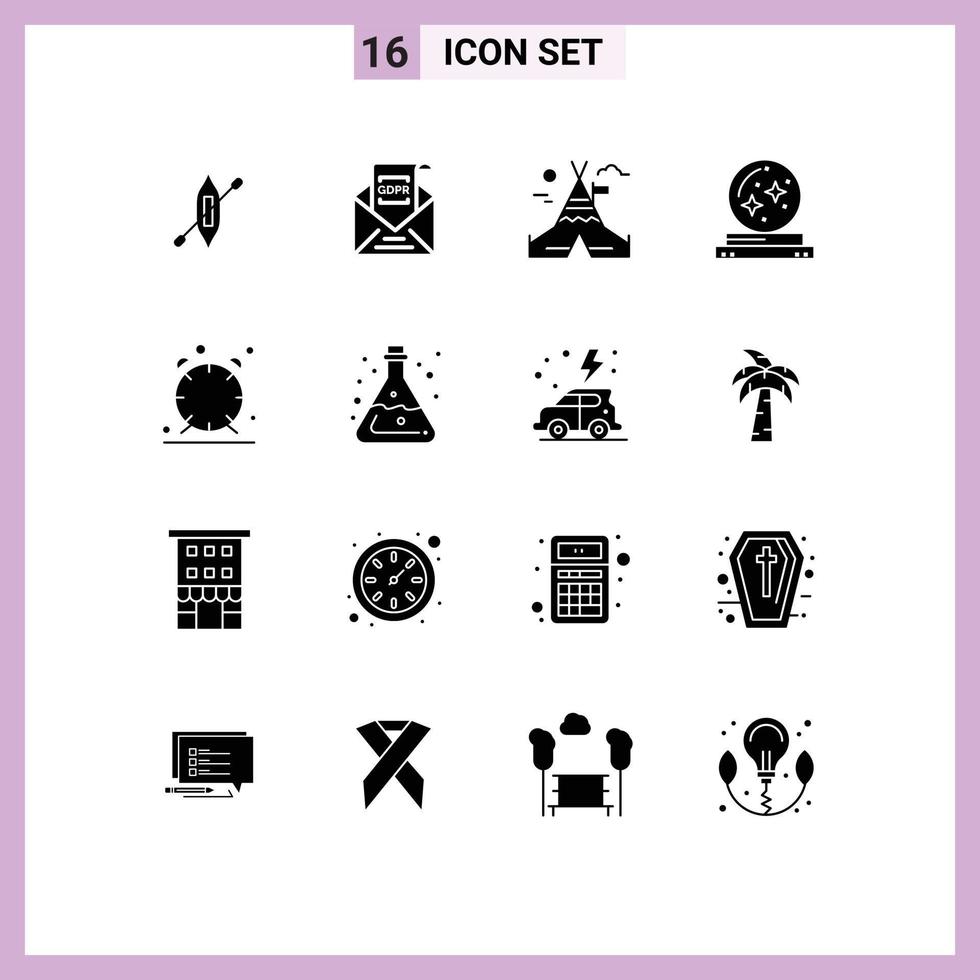 Pack of 16 Modern Solid Glyphs Signs and Symbols for Web Print Media such as alarm magician mail magic ball Editable Vector Design Elements