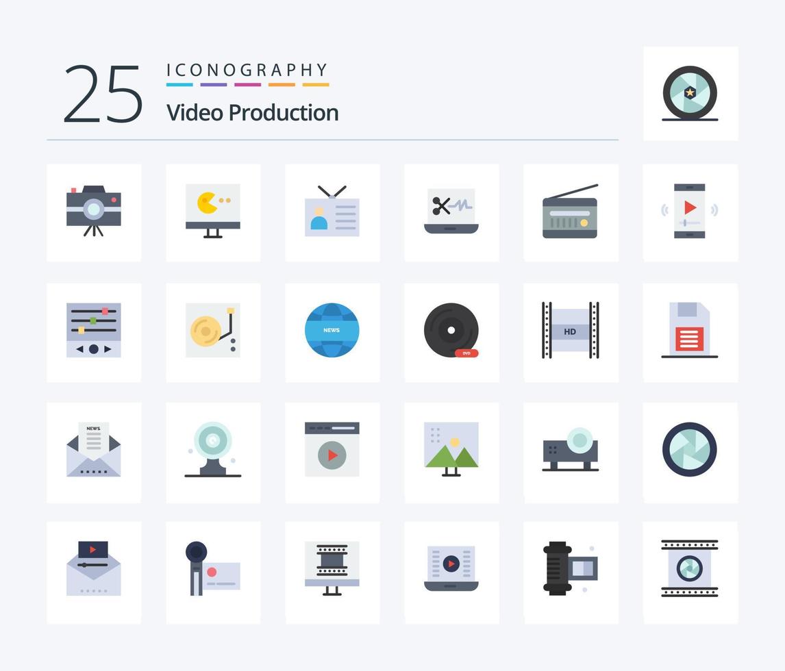 Video Production 25 Flat Color icon pack including . audio editing software. audio editing. retro television vector