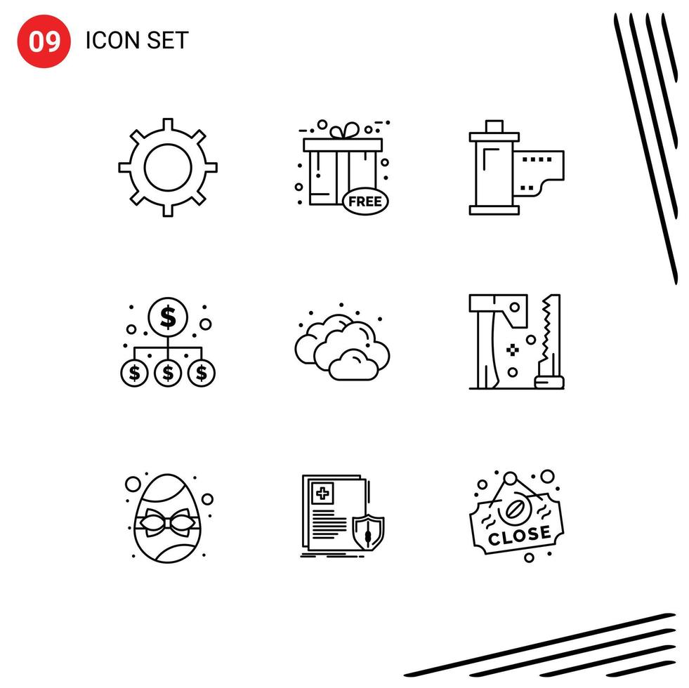 Mobile Interface Outline Set of 9 Pictograms of cloud investment cinema business movie Editable Vector Design Elements