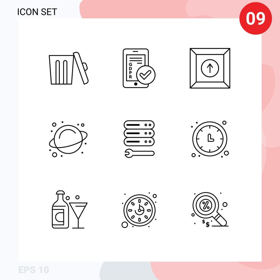 9 Thematic Vector Outlines and Editable Symbols of wrench server smartphone space rotation Editable Vector Design Elements