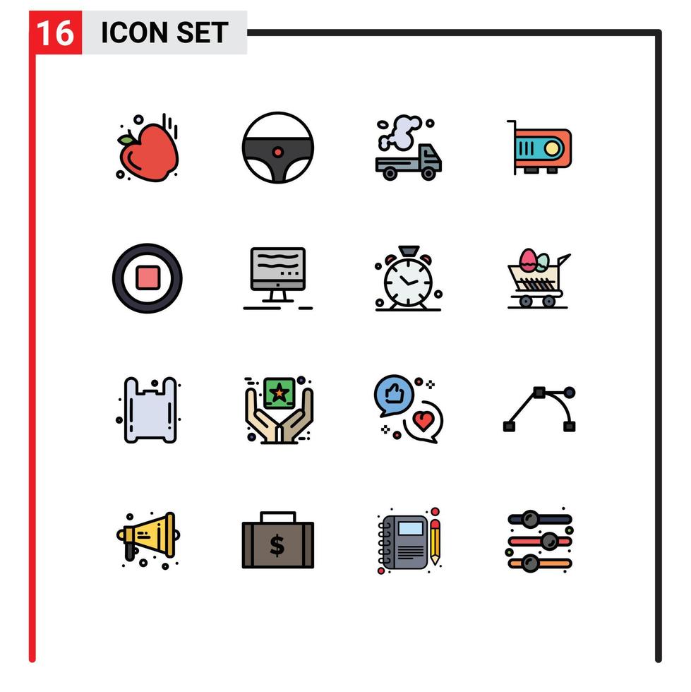 Pack of 16 Modern Flat Color Filled Lines Signs and Symbols for Web Print Media such as stop media emission computer power Editable Creative Vector Design Elements