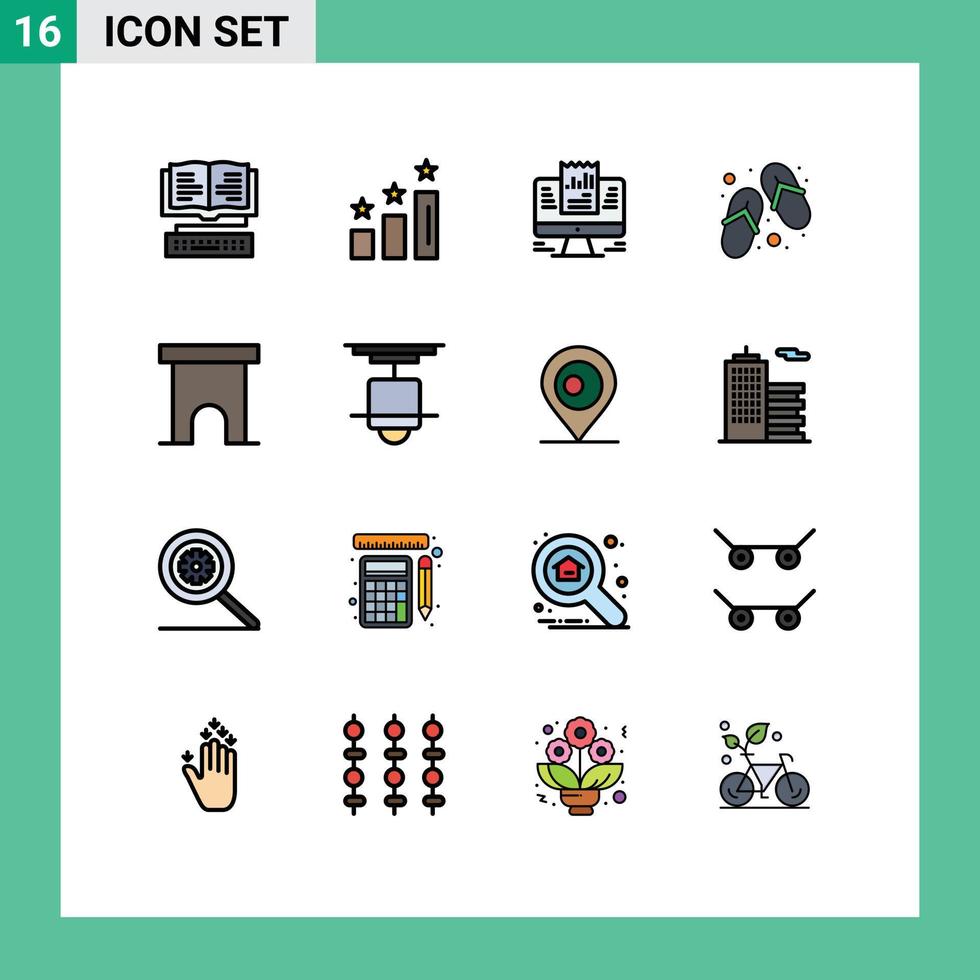 Set of 16 Commercial Flat Color Filled Lines pack for building slippers report shoes data Editable Creative Vector Design Elements