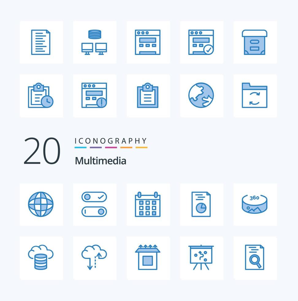 20 Multimedia Blue Color icon Pack like cloud cloud schedule backup panorama vector