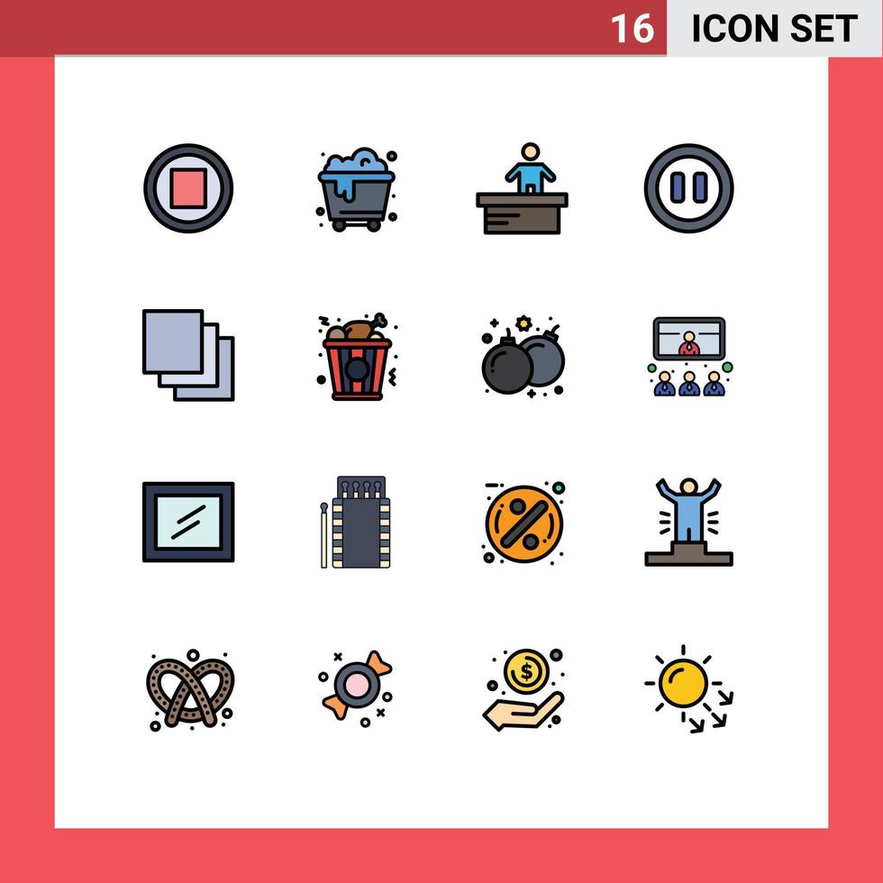 16 User Interface Flat Color Filled Line Pack of modern Signs and Symbols of food layers office group pause Editable Creative Vector Design Elements