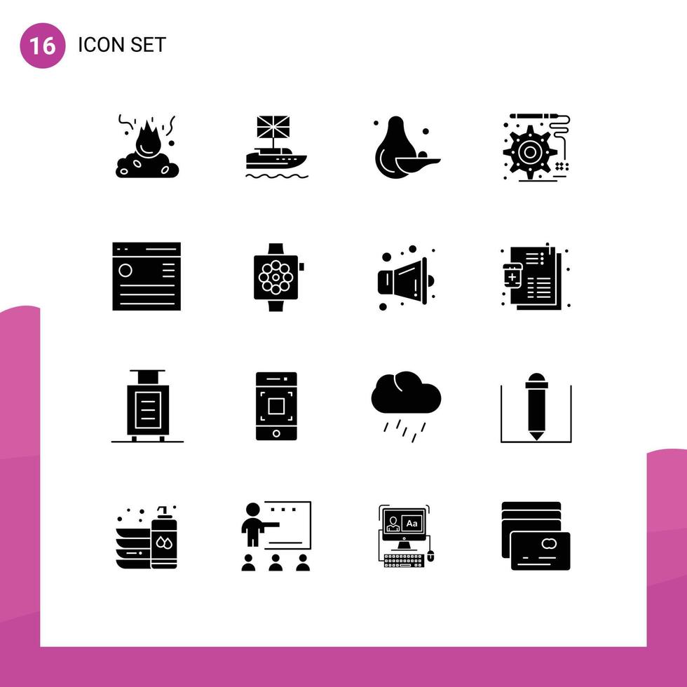 Mobile Interface Solid Glyph Set of 16 Pictograms of hamburger engineering kingdom development avocado Editable Vector Design Elements