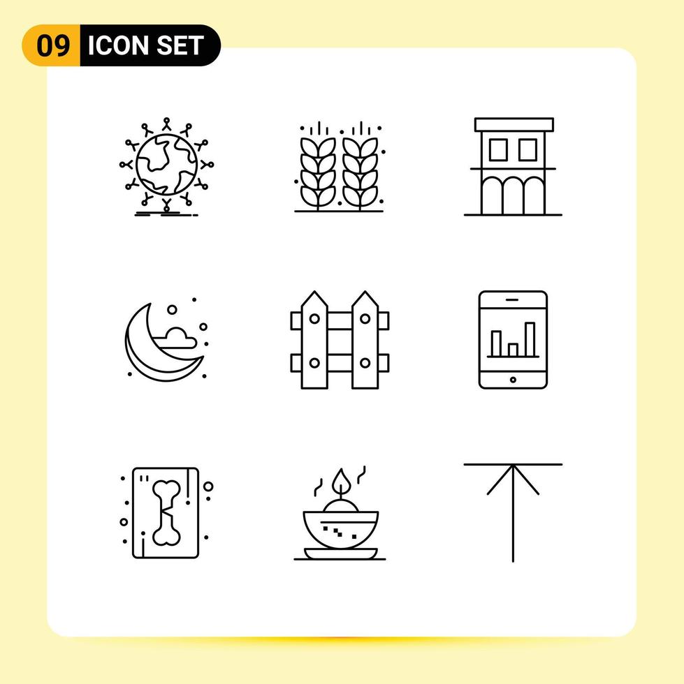 Pack of 9 Modern Outlines Signs and Symbols for Web Print Media such as weather moon field residence house Editable Vector Design Elements