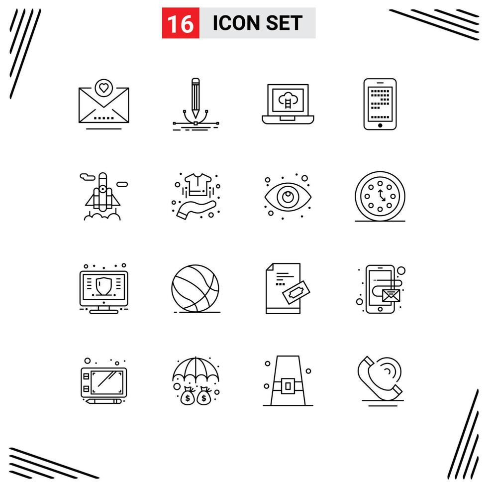 16 User Interface Outline Pack of modern Signs and Symbols of transport rocket achievements coding education Editable Vector Design Elements