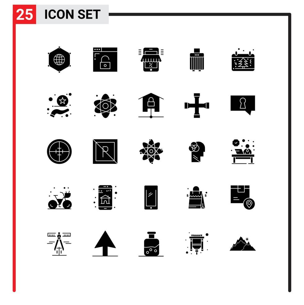 Pack of 25 creative Solid Glyphs of buy luggage secure bag marketplace Editable Vector Design Elements