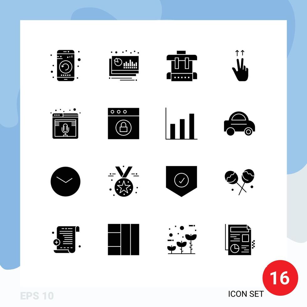 Modern Set of 16 Solid Glyphs Pictograph of microphone ups financier gesture school Editable Vector Design Elements