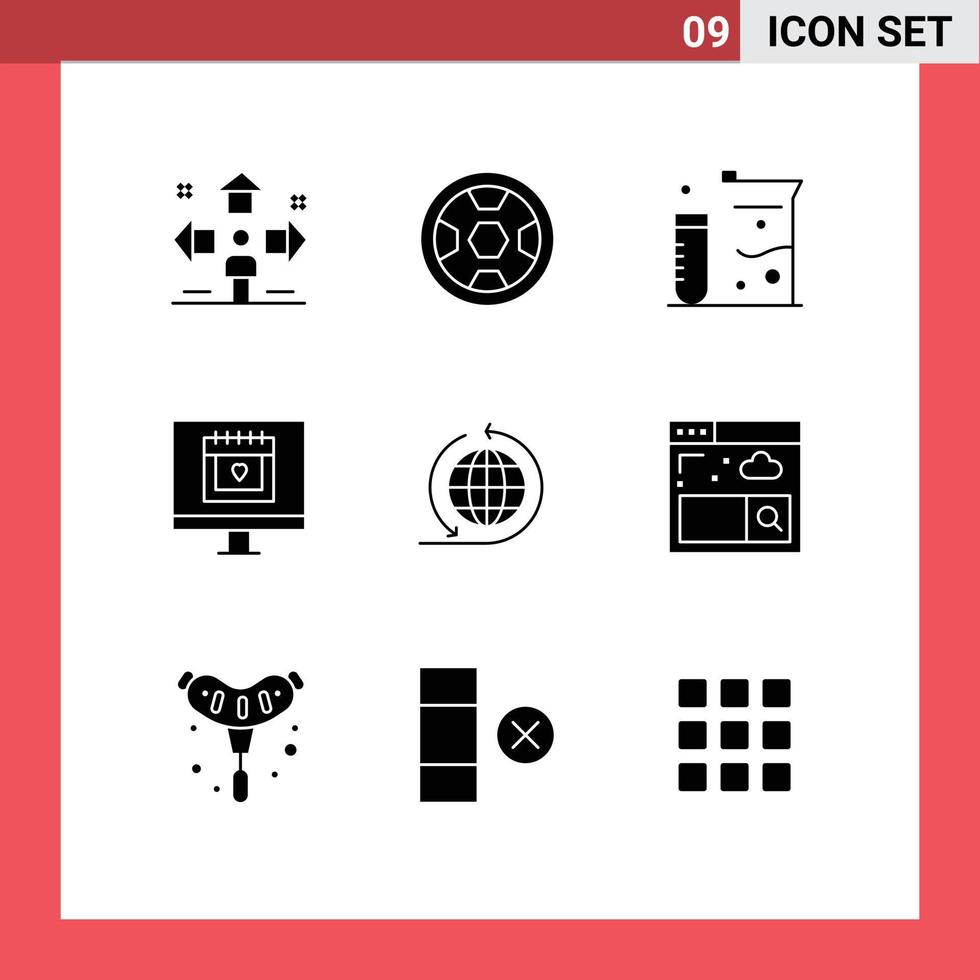 9 Solid Glyph concept for Websites Mobile and Apps global business lover wreath heart science Editable Vector Design Elements