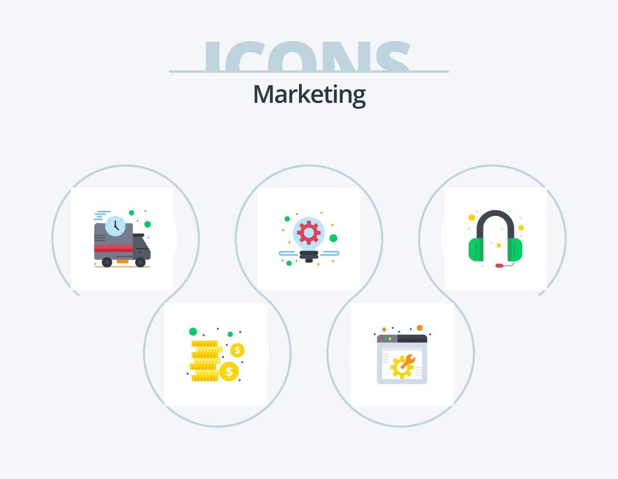 marketing flat icon pack 5 diseño de iconos. auricular. auriculares. entrega. comunicaciones marketing vector