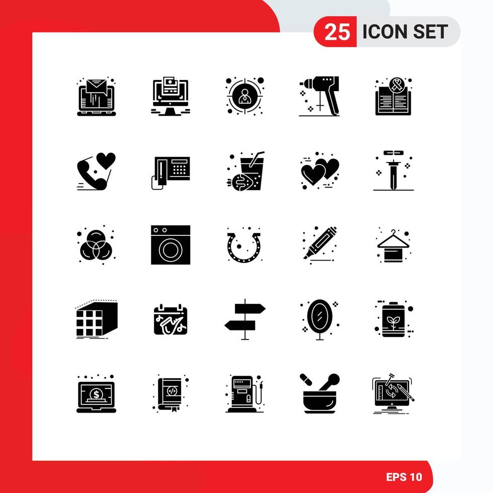User Interface Pack of 25 Basic Solid Glyphs of cancer awareness seo tool perforator Editable Vector Design Elements