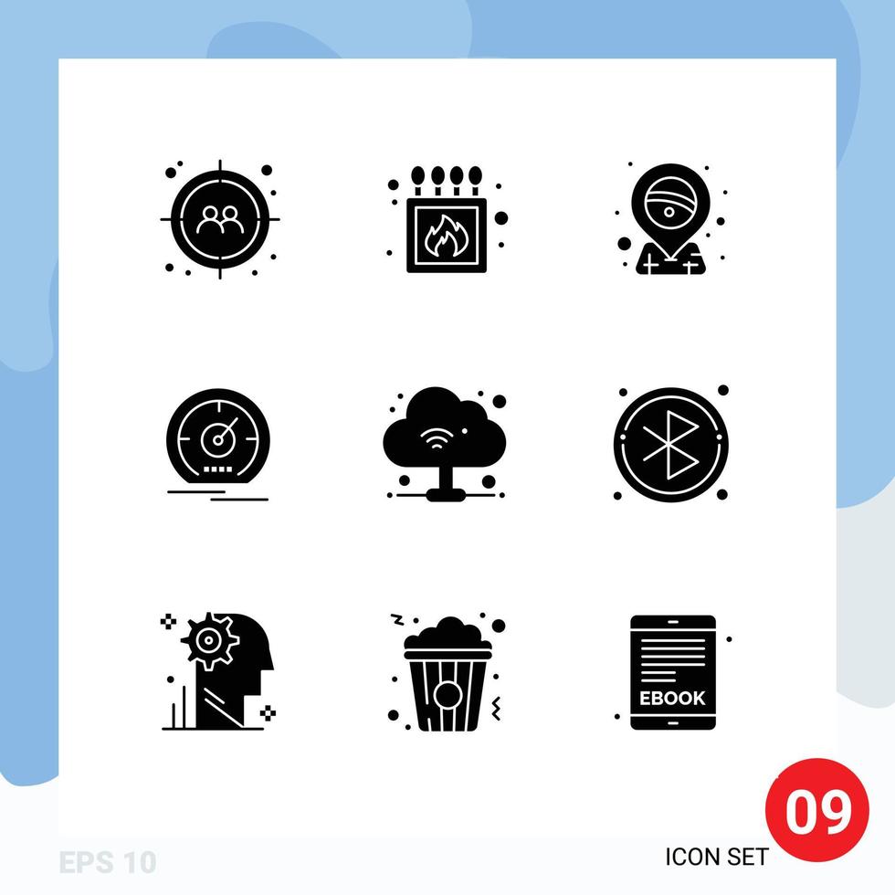 Universal Icon Symbols Group of 9 Modern Solid Glyphs of cloud speed brazil meter gauge Editable Vector Design Elements