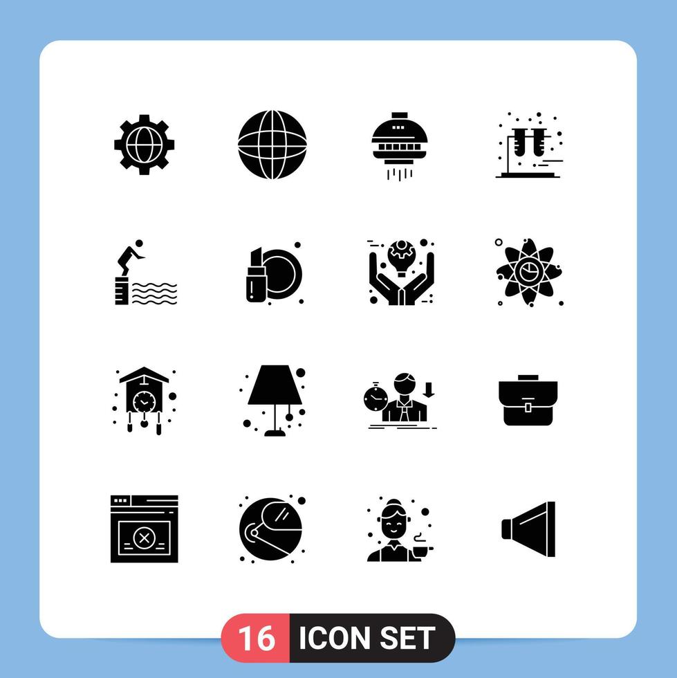 Modern Set of 16 Solid Glyphs Pictograph of sport platform spacecraft jump tubes Editable Vector Design Elements