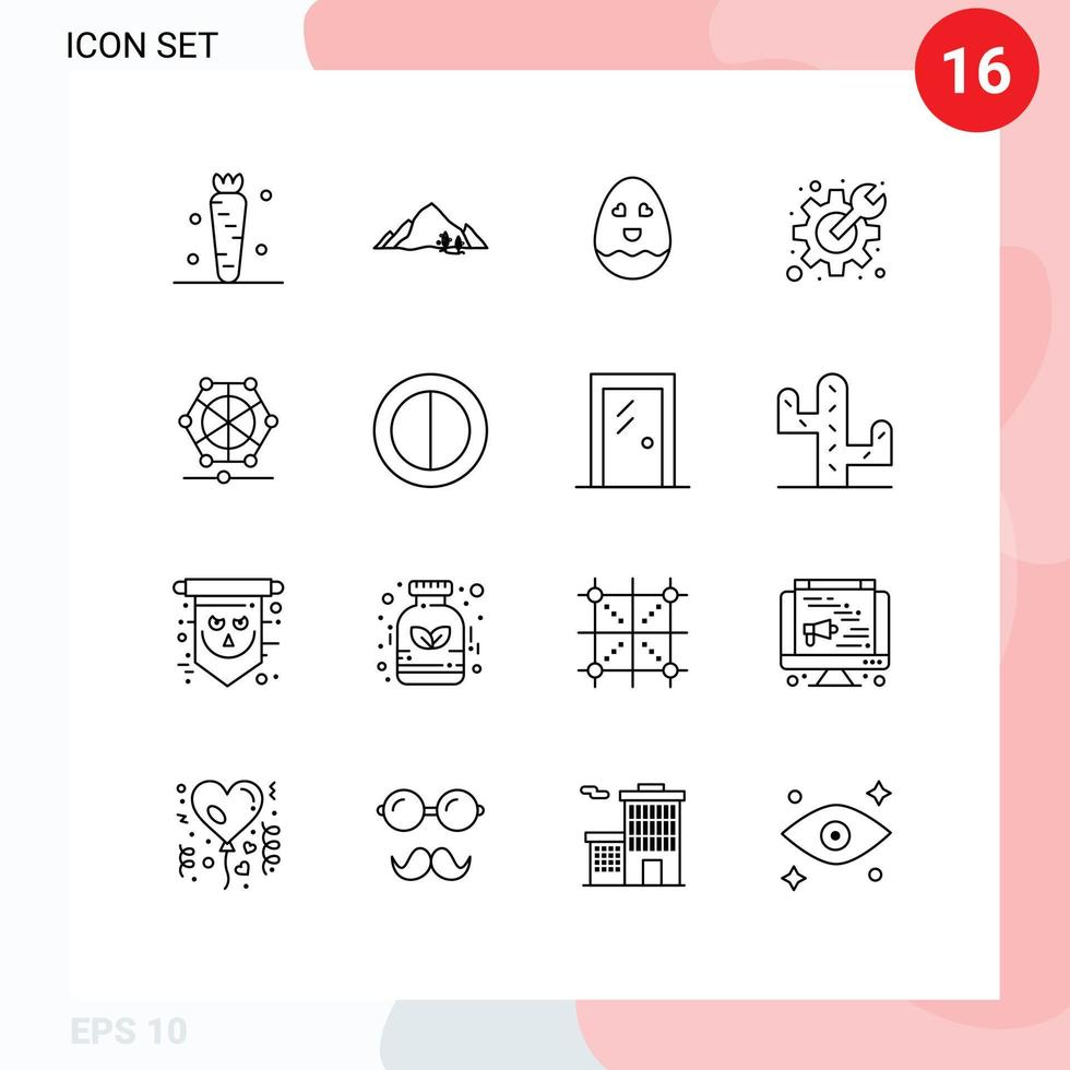 Pack of 16 creative Outlines of machine preferences nature gear easter Editable Vector Design Elements