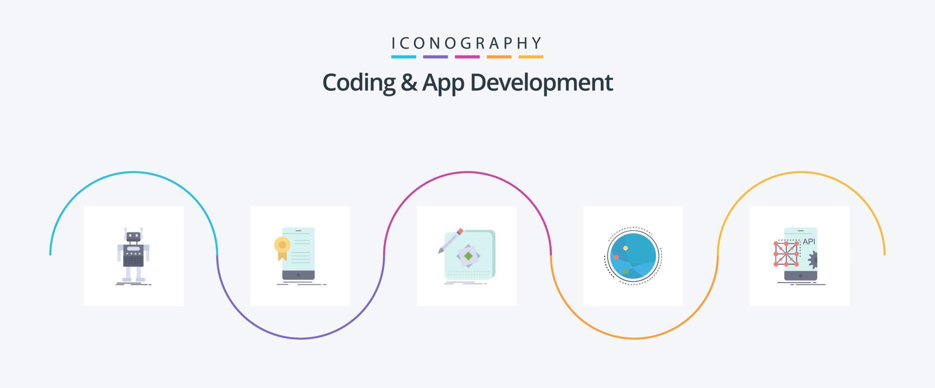 Coding And App Development Flat 5 Icon Pack Including connection. worldwide. application. design. logo vector