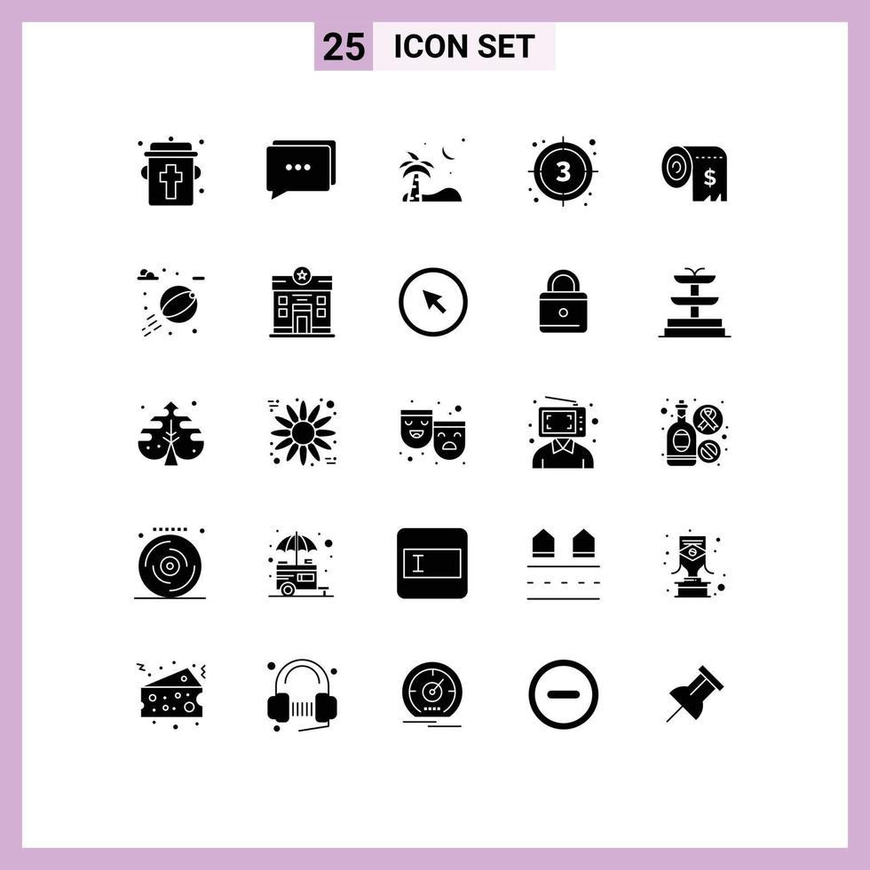 Modern Set of 25 Solid Glyphs Pictograph of consumption video beach start film Editable Vector Design Elements