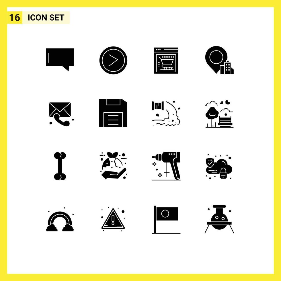 Group of 16 Modern Solid Glyphs Set for computers call shopping cart chat hotel Editable Vector Design Elements