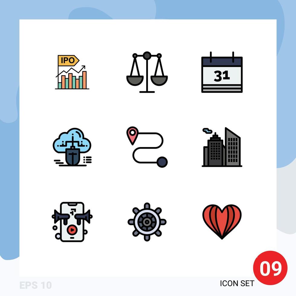 Group of 9 Modern Filledline Flat Colors Set for route online scales connected mouse Editable Vector Design Elements