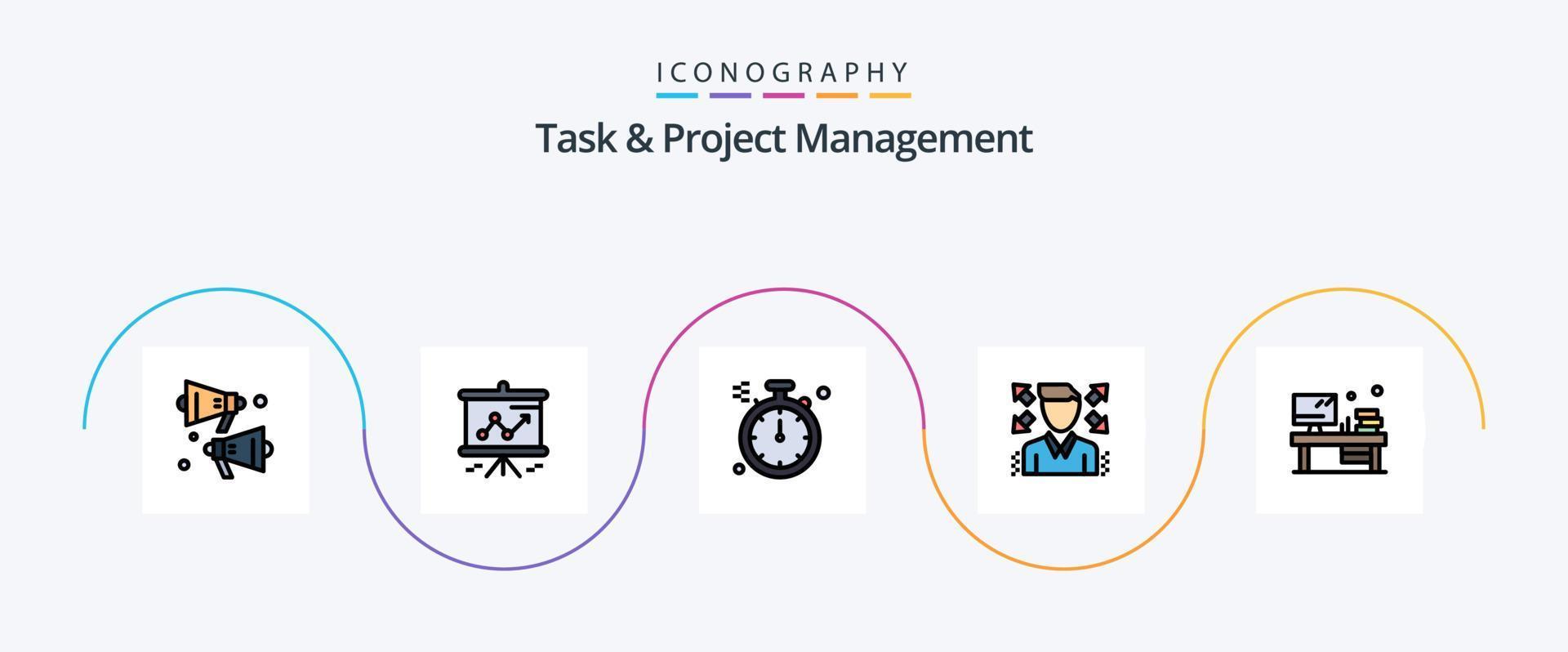 la línea de gestión de tareas y proyectos llenó el paquete de iconos planos 5 que incluye . libro. dirección. oficina. perfil vector