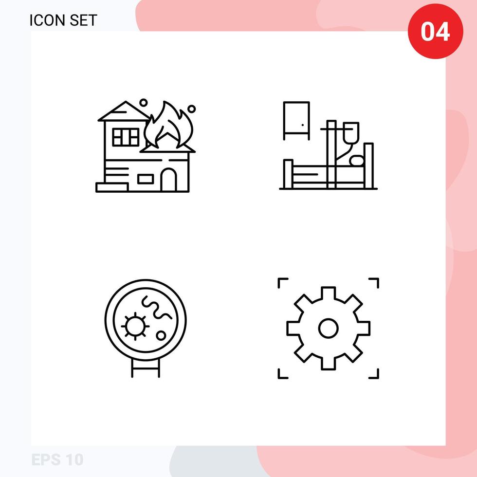 Mobile Interface Line Set of 4 Pictograms of architecture viruses house medicine search Editable Vector Design Elements
