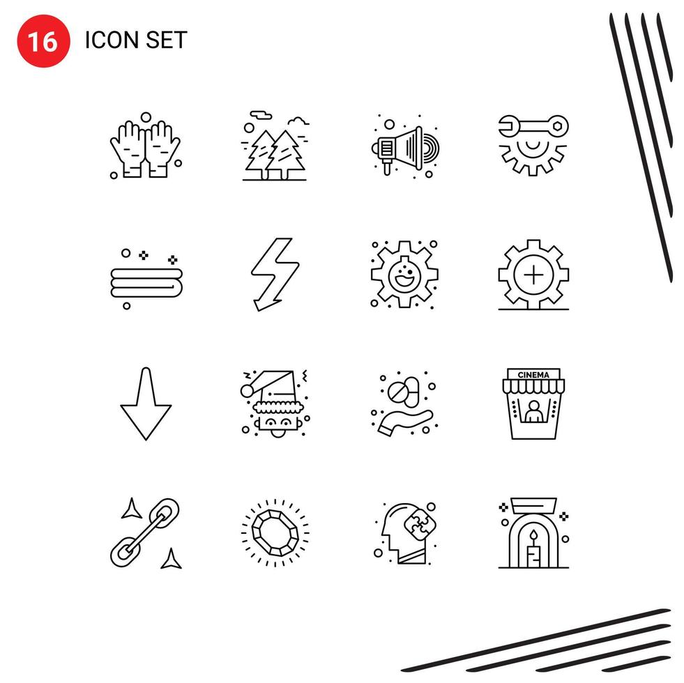 Pack of 16 Modern Outlines Signs and Symbols for Web Print Media such as towel clean advertise repair garage tools Editable Vector Design Elements