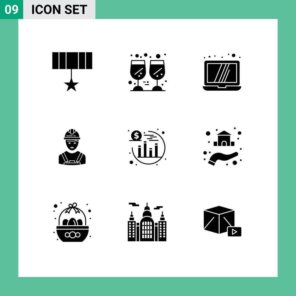Group of 9 Modern Solid Glyphs Set for return supervisor computer engineer industry Editable Vector Design Elements