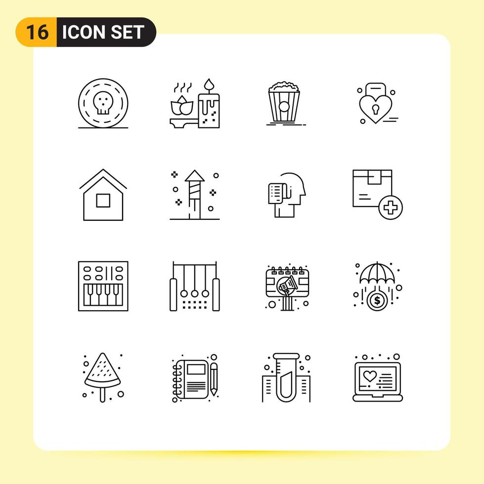 Pictogram Set of 16 Simple Outlines of home weding popcorn heart louck Editable Vector Design Elements