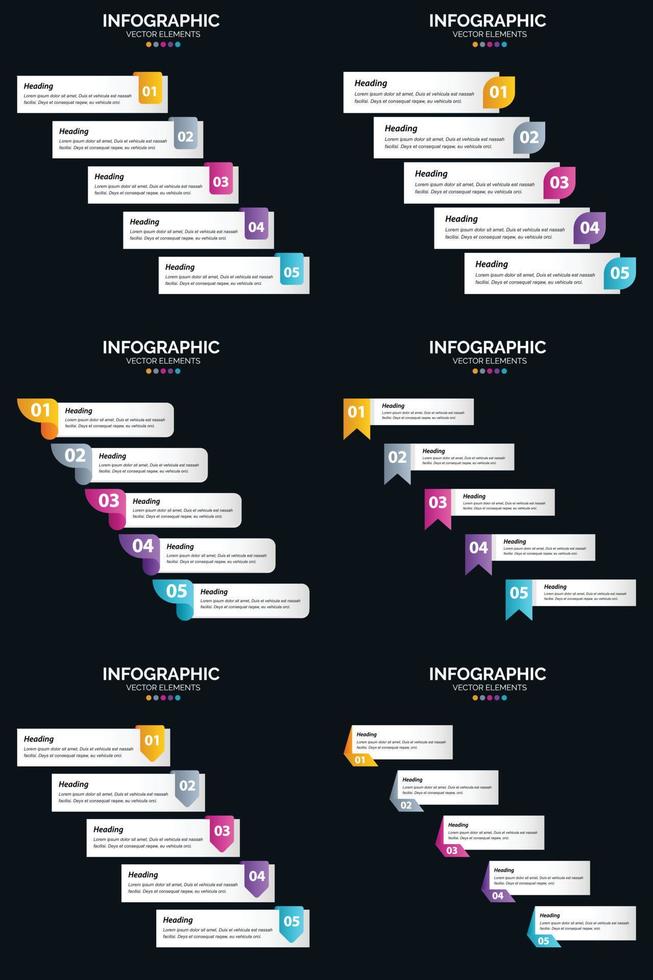 plantilla de diapositiva de presentación del paquete de infografías vectoriales 6 diagramas de ciclo de 5 pasos y líneas de tiempo vector