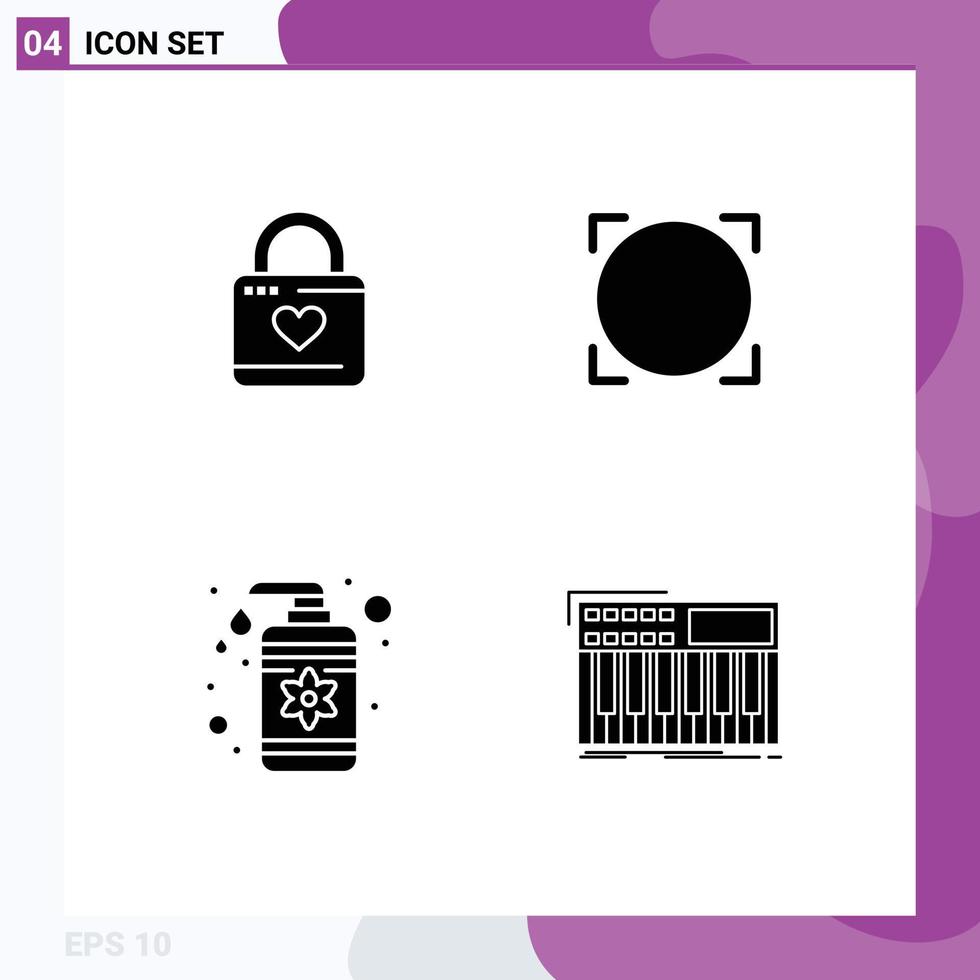 Pack of 4 creative Solid Glyphs of lock drop heart hacker alternative currency spa Editable Vector Design Elements