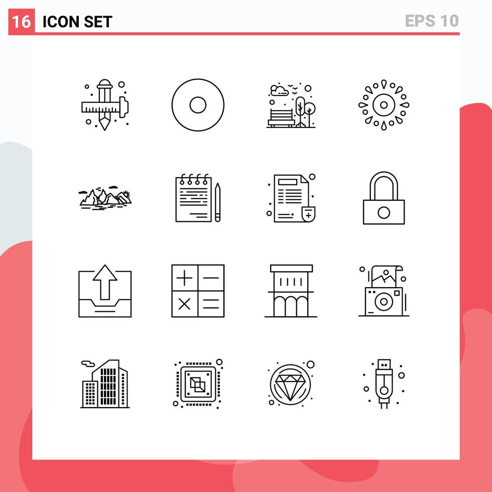 Universal Icon Symbols Group of 16 Modern Outlines of hill party city holiday event Editable Vector Design Elements