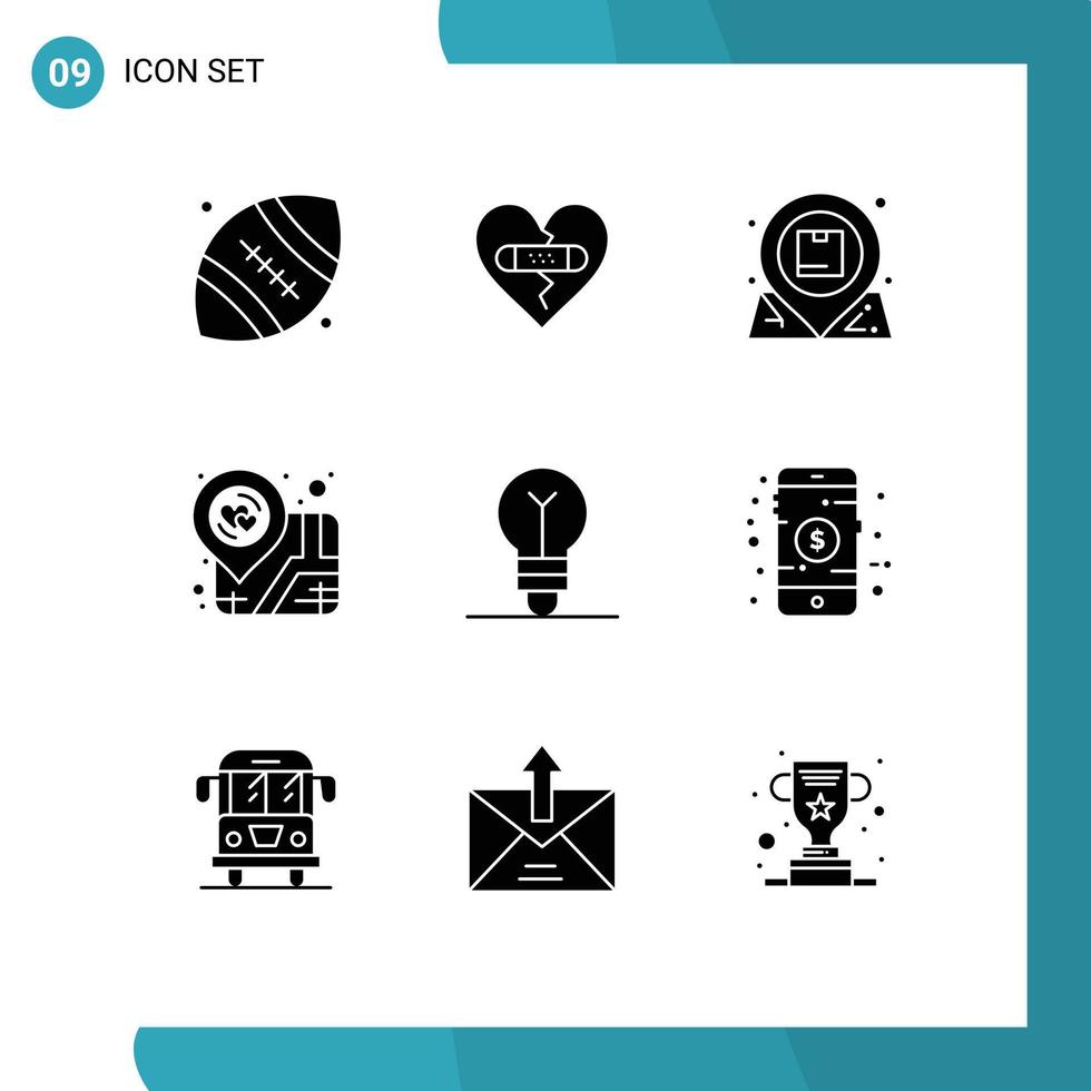 Pack of 9 Modern Solid Glyphs Signs and Symbols for Web Print Media such as map love love location inbox Editable Vector Design Elements