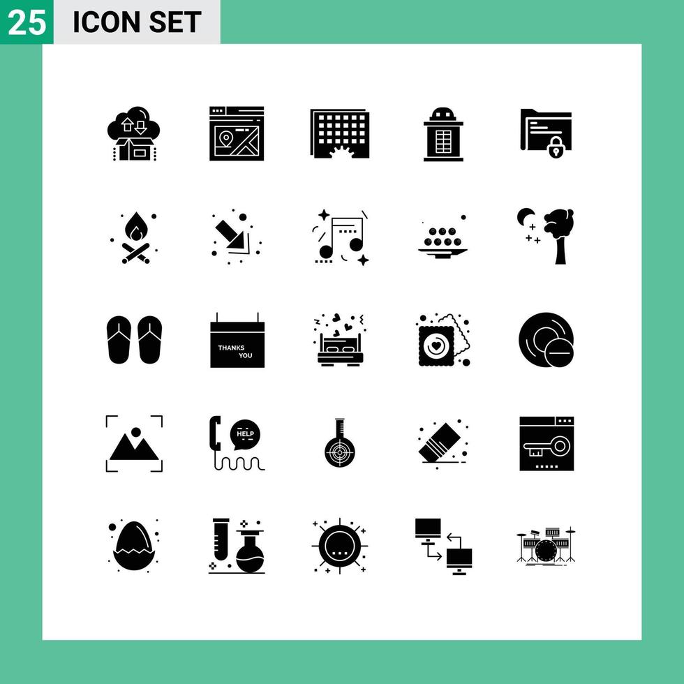 conjunto moderno de 25 pictogramas de glifos sólidos de elementos de diseño de vector editables de cronograma de entrada de mapa de casa de documentos