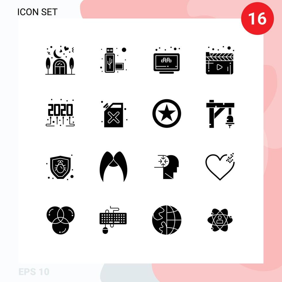 Modern Set of 16 Solid Glyphs and symbols such as new year video search player cinema Editable Vector Design Elements