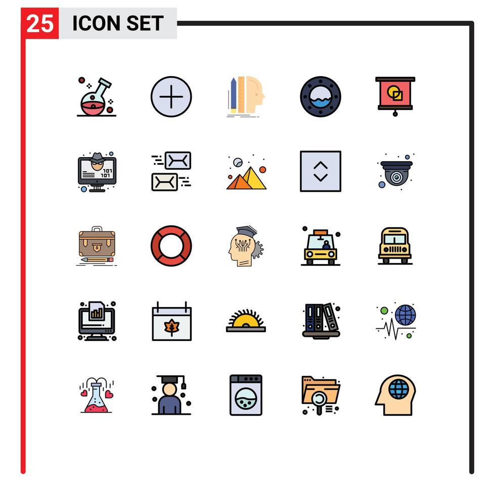 User Interface Pack of 25 Basic Filled line Flat Colors of education water design porthole thinking Editable Vector Design Elements