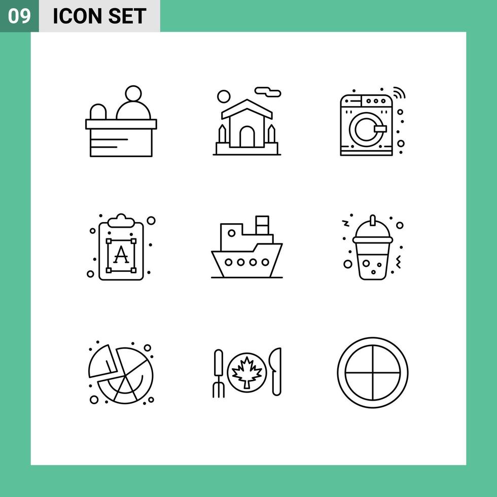 9 Universal Outlines Set for Web and Mobile Applications steamship ship machine text process Editable Vector Design Elements