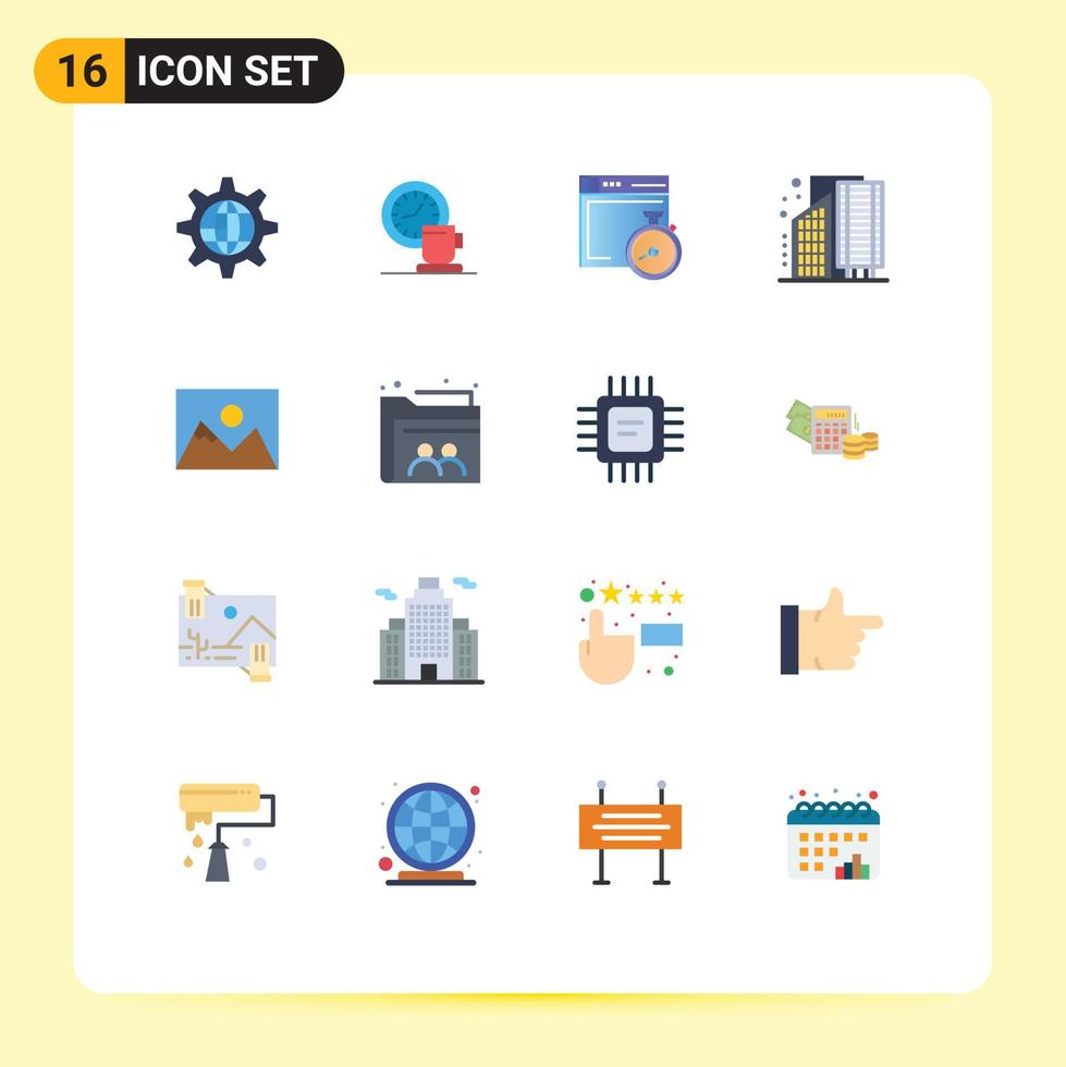 Modern Set of 16 Flat Colors Pictograph of district business time buildings compass Editable Pack of Creative Vector Design Elements