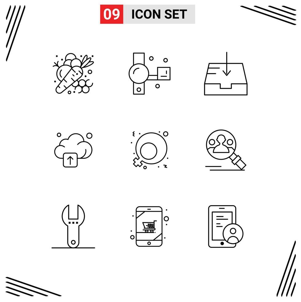 Editable Vector Line Pack of 9 Simple Outlines of gender technology recording upload receive Editable Vector Design Elements