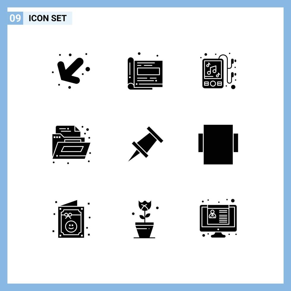 Universal Icon Symbols Group of 9 Modern Solid Glyphs of birthday layout headphones pin office Editable Vector Design Elements