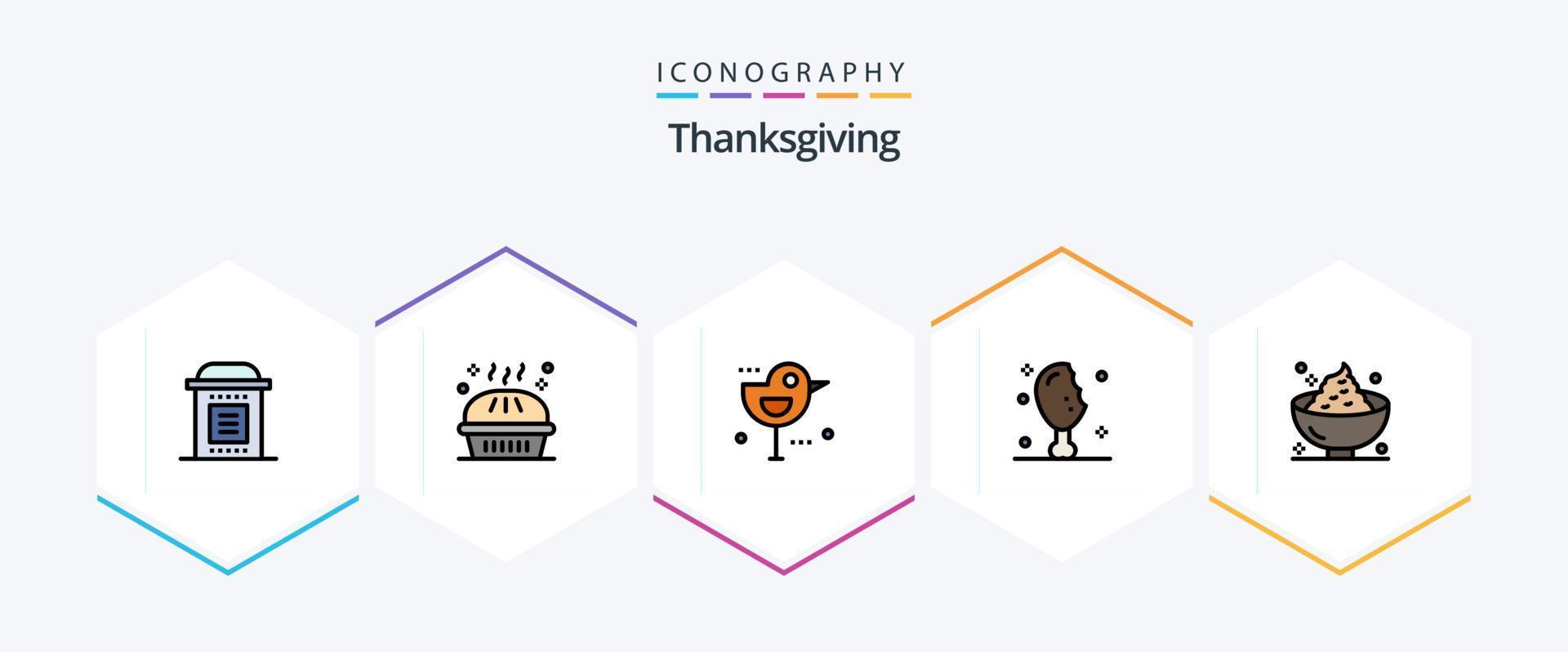 paquete de íconos de 25 líneas completas de acción de gracias que incluye pierna de pavo. carne. tarta. pierna de pollo. gorrión vector