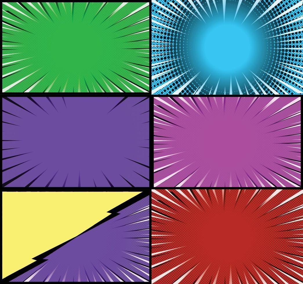 Comic book colorful frames background with halftone rays radial and dotted effects pop art style vector